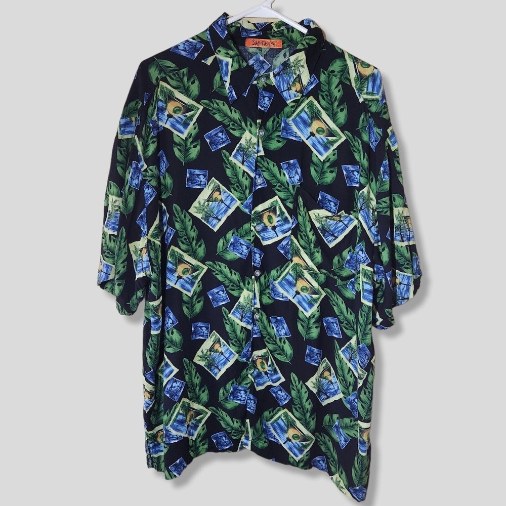 Sun Fusion Hawaiian Button Up Shirt Cocktail Tropical Leaves Black Men's Sz XL